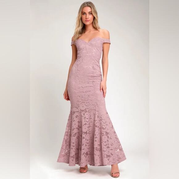 NWT Lulus Swept Up Maeve Pink Lace Off-the-Shoulder Mermaid Maxi Dress Medium - Picture 9 of 16